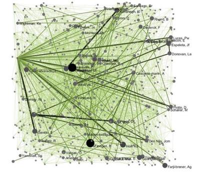 Coauthorship network of all articles in 55 ecological journals from 2010-2010 that include at least one coauthor from Costa Rica (Bruna &amp; Hahn, unpubl. data).